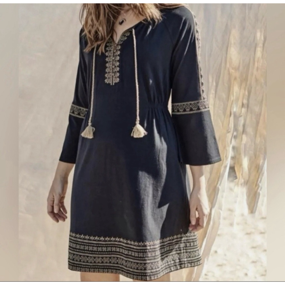 J.Jill Embroidered Dress A-Line Peasant Black Long sleeve Boho Small Petite